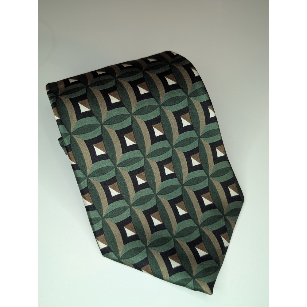 Pierre Cardin Men's Art Deco Silk Tie Bold MCM Green Geometric Pattern Formal
